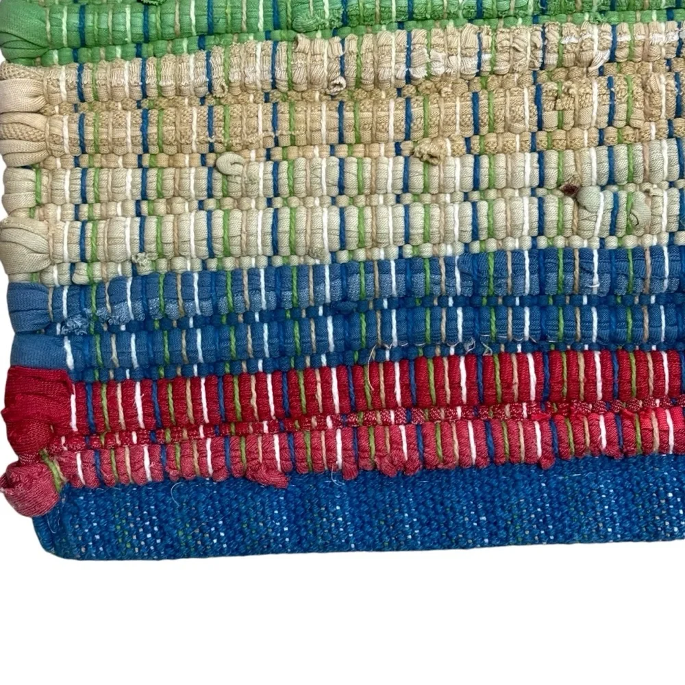 Vintage Thick Handwoven Throw Rug Striped Red White Blue Green Tan 30”x 18”